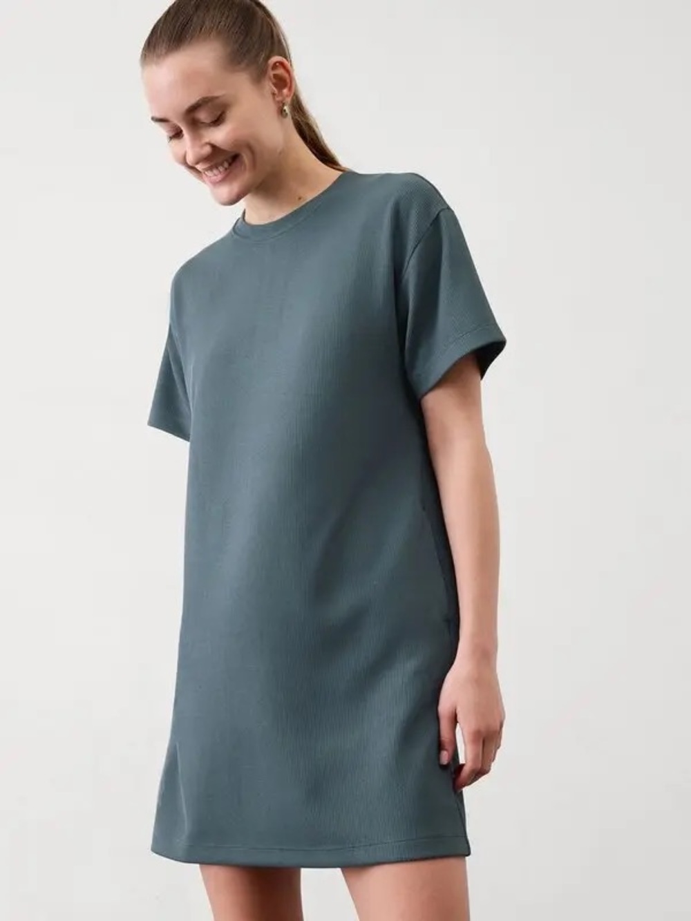 Athleta Seasoft Rib Short Sleeve Tee Mini Dress with Tencel Fabric in Eden Blue